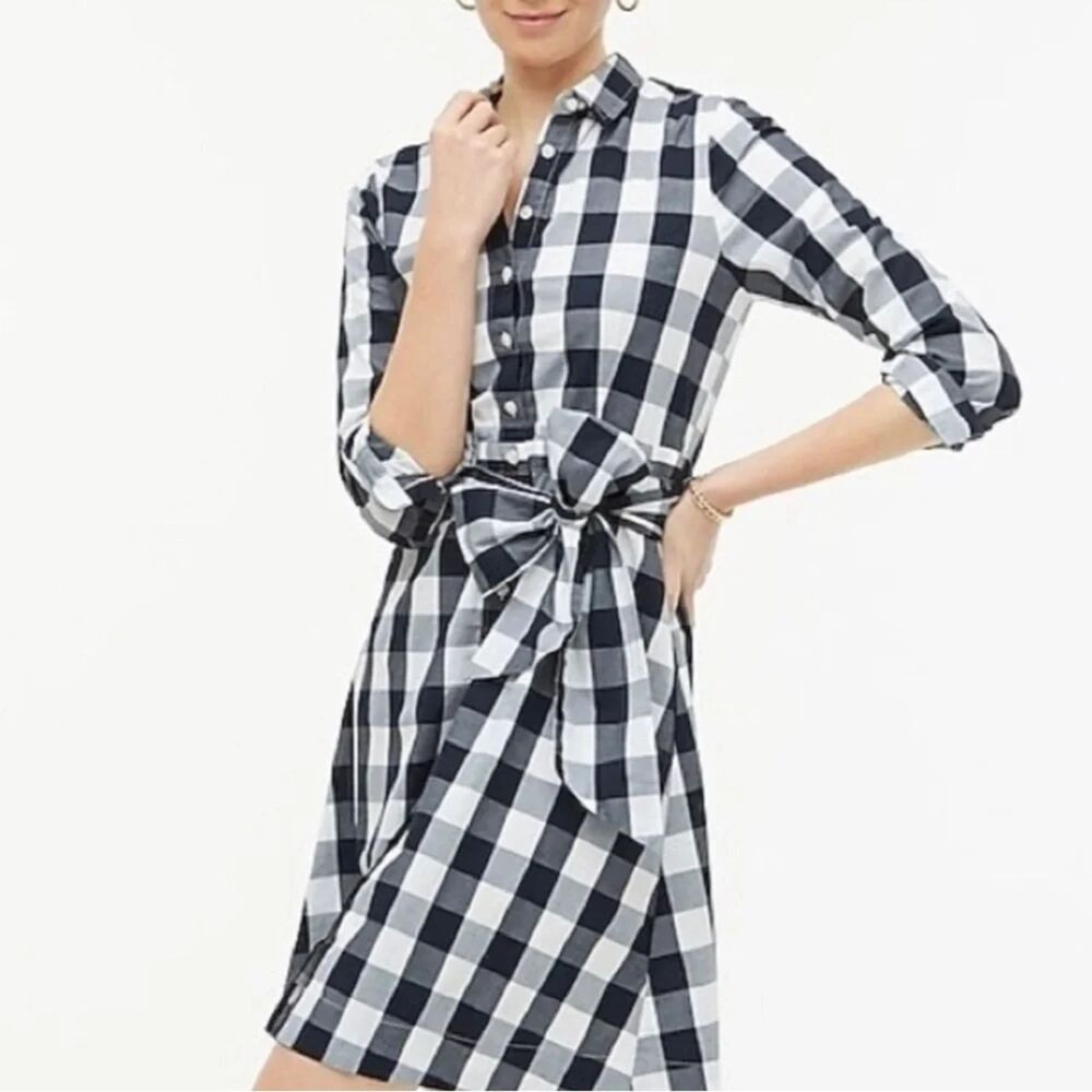 J.Crew Factory Tie-waist poplin shirt-dress in gingham Size 12